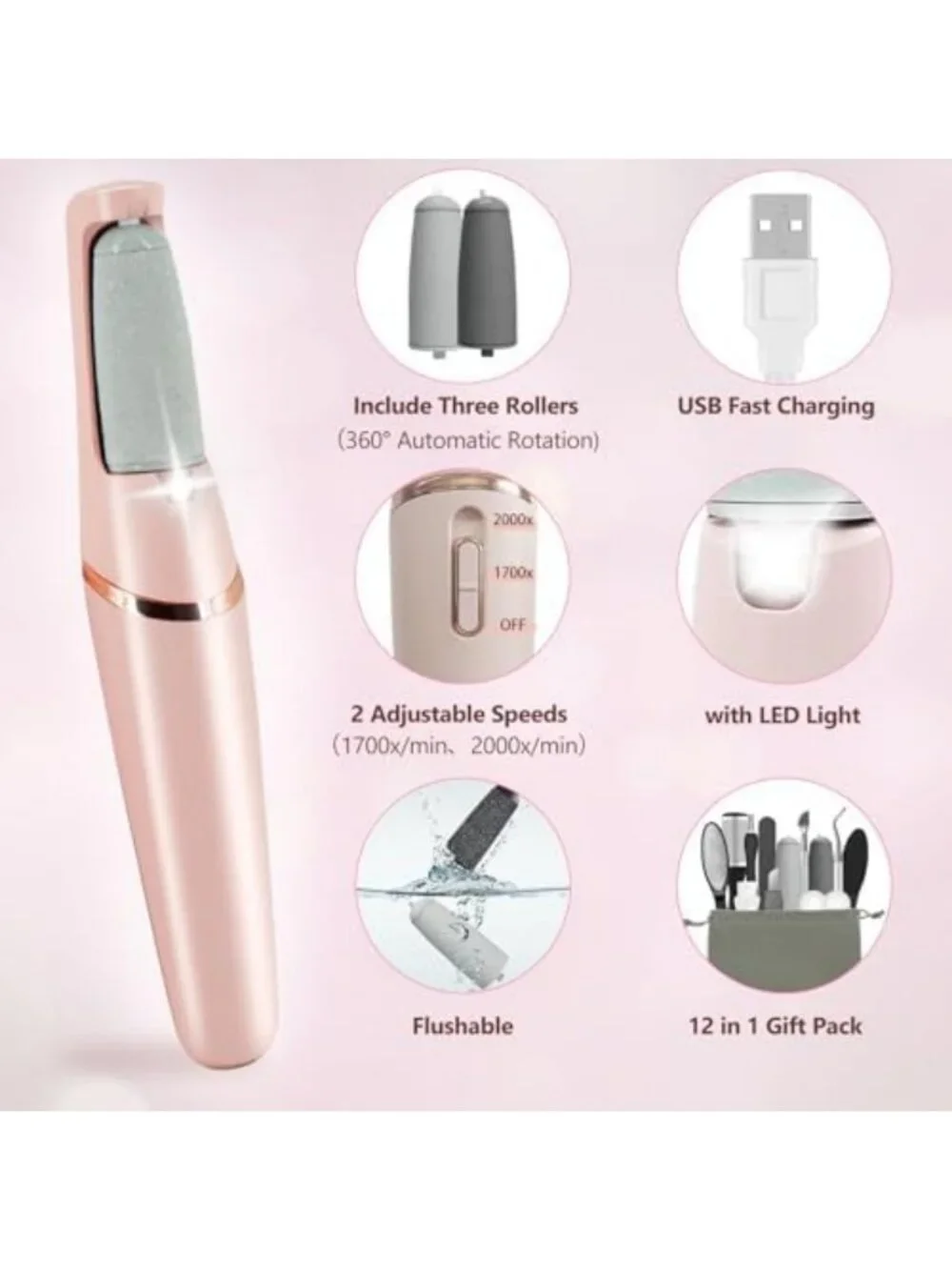 Rechargeable Electric Callus Remover Pedicure Kit - 12-in-1 Foot Care Tool for